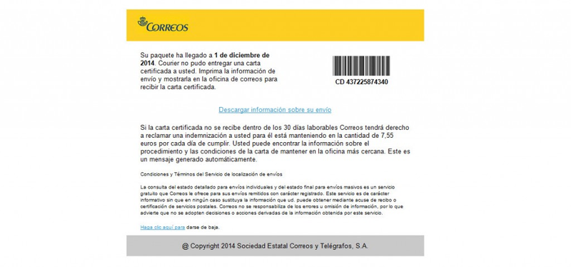 Illustration for article titled Alerta: Nuevo ataque masivo de #CryptoLocker distribuido a través de falso email de @Correos